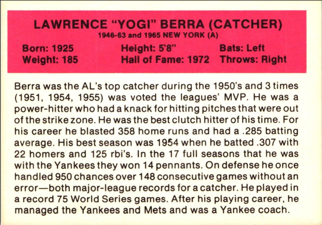 1987 Hygrade All-Time Greats Yogi Berra