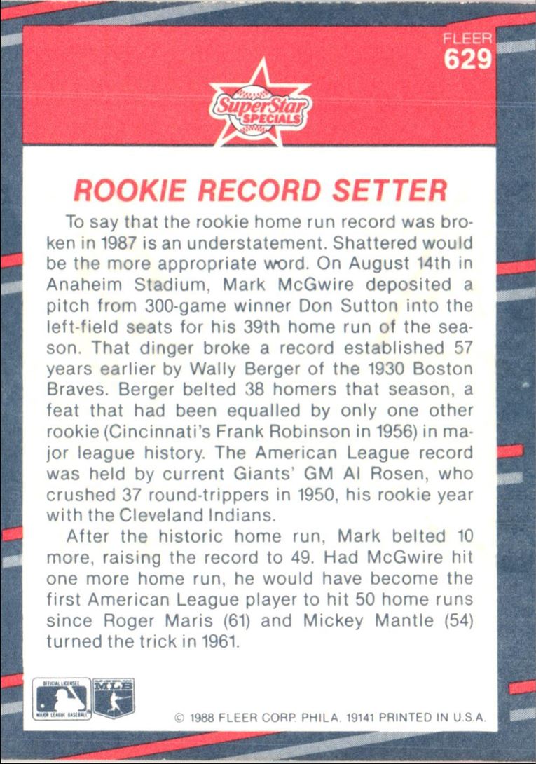 1988 Fleer Rookie Record Setter (Mark McGwire)