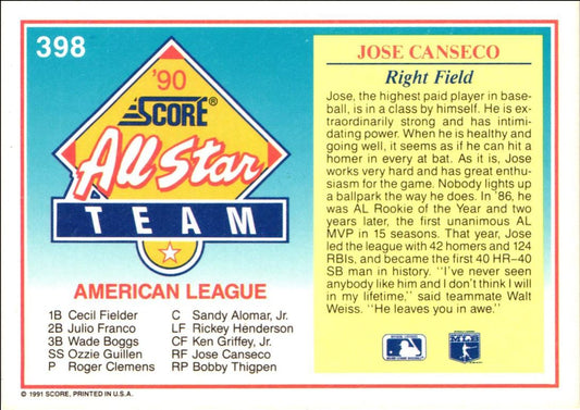 1991 Score Jose Canseco