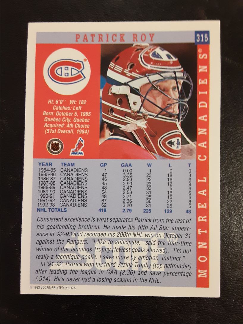 1993 Score Canadian Patrick Roy
