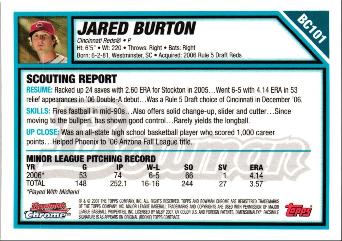 2007 Bowman Chrome Prospects Jared Burton