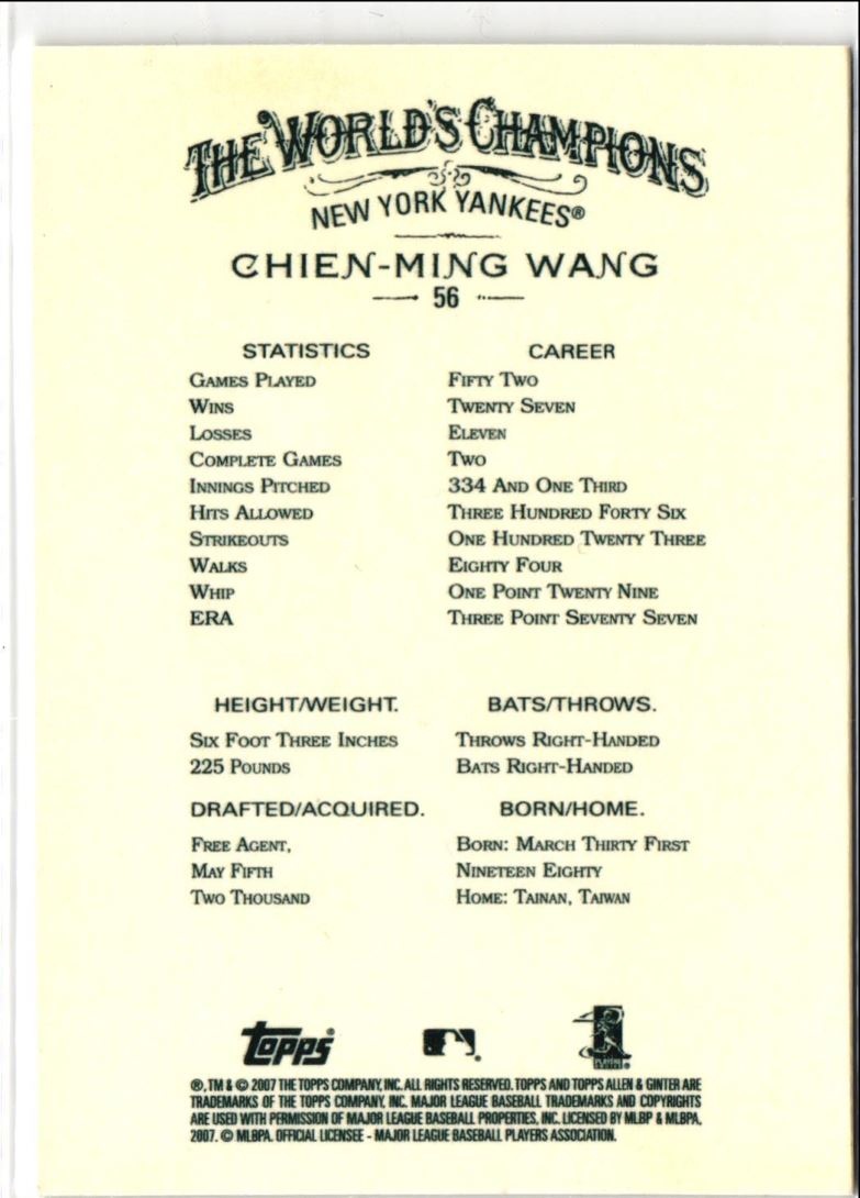 2007 Topps Allen & Ginter Chien-Ming Wang