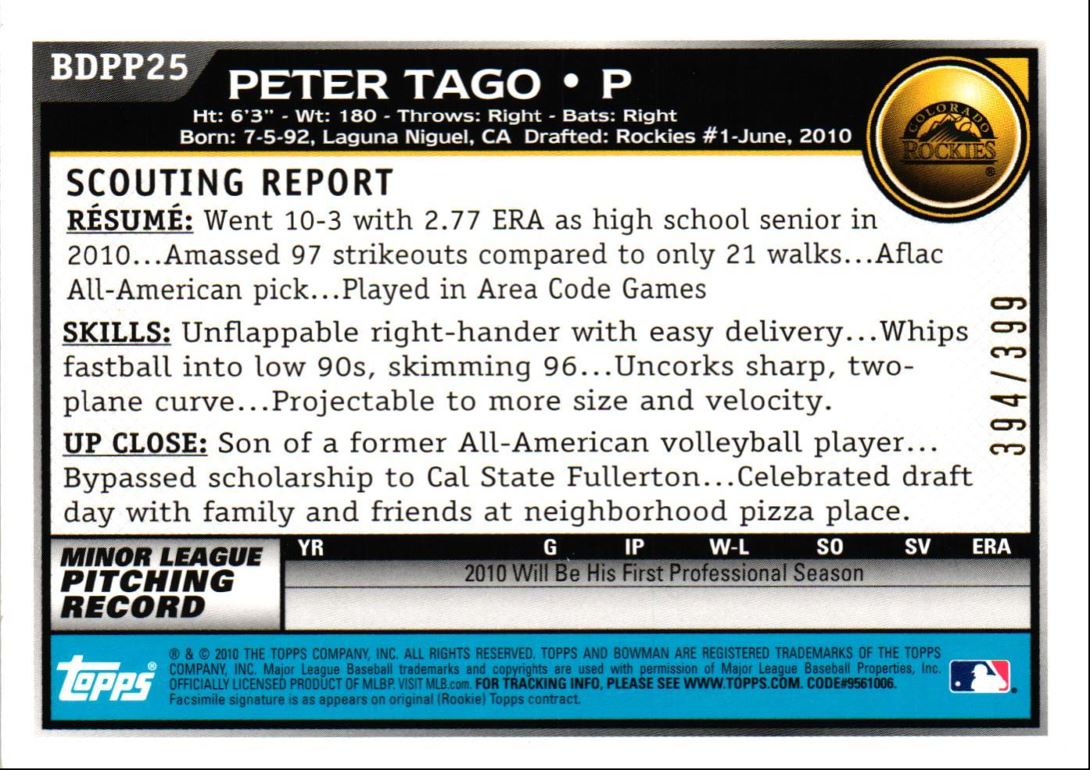 2010 Bowman Draft Picks & Prospects Blue Peter Tago