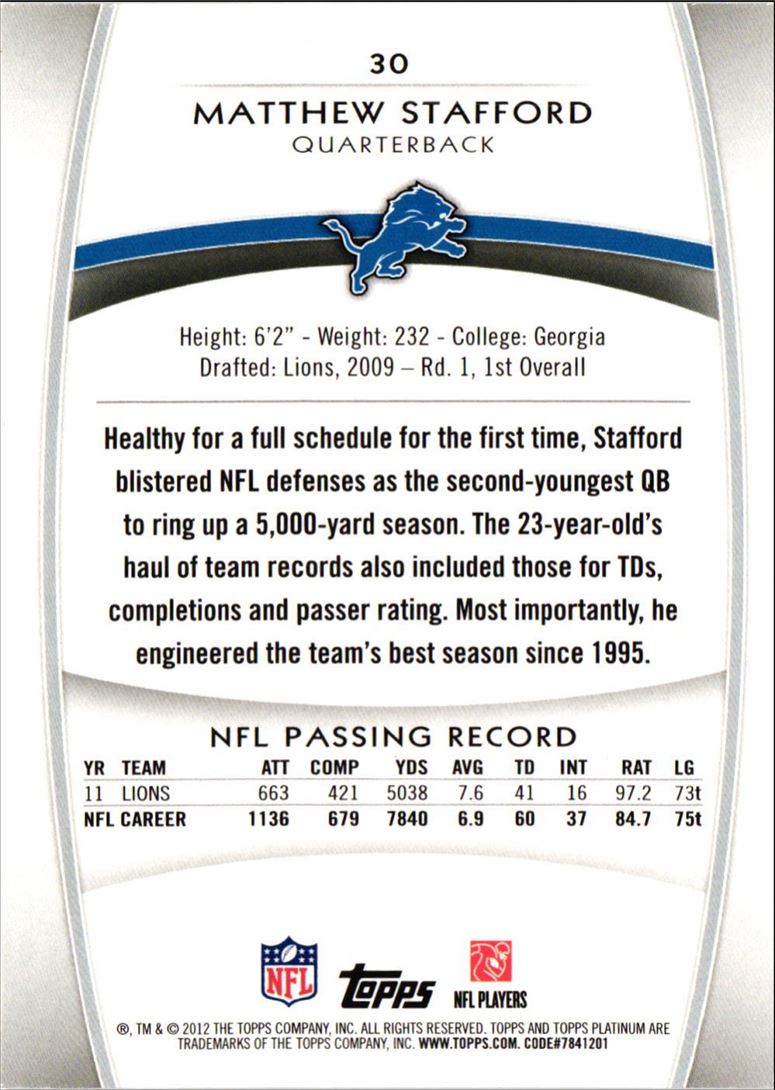 2012 Topps Platinum Matthew Stafford