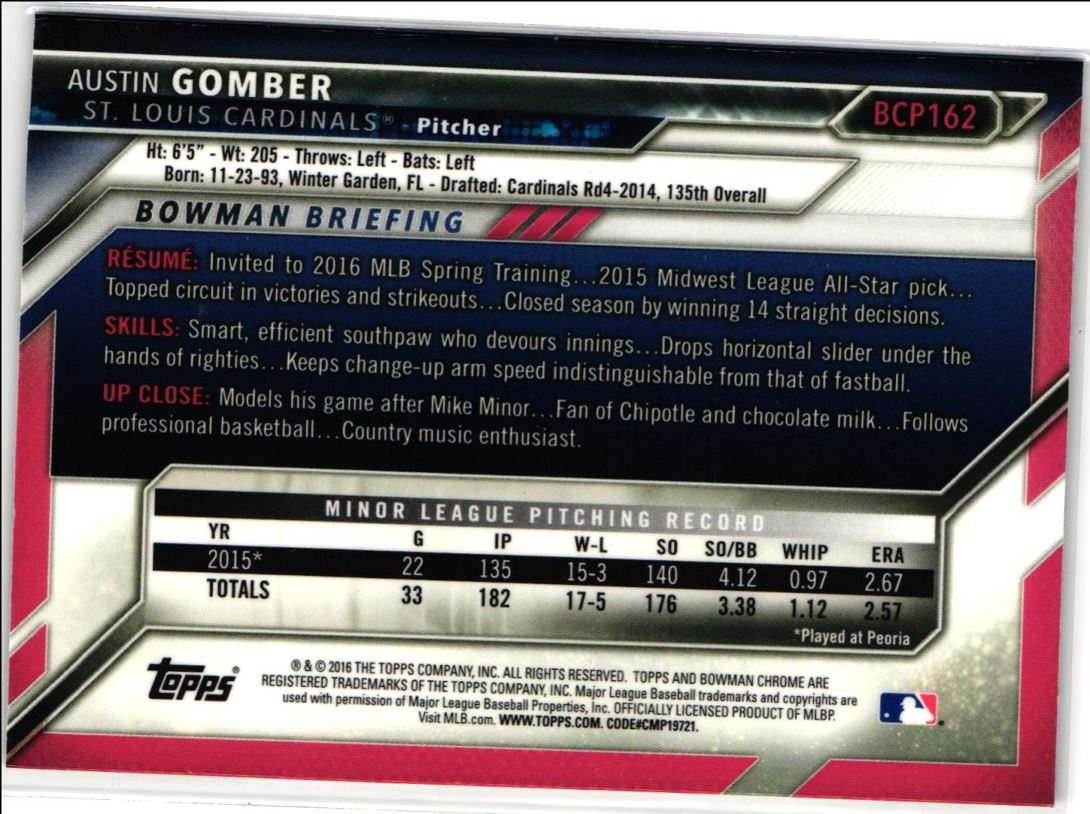 2016 Bowman Chrome Prospects Austin Gomber