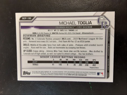 2021 Bowman Chrome Prospects Michael Toglia