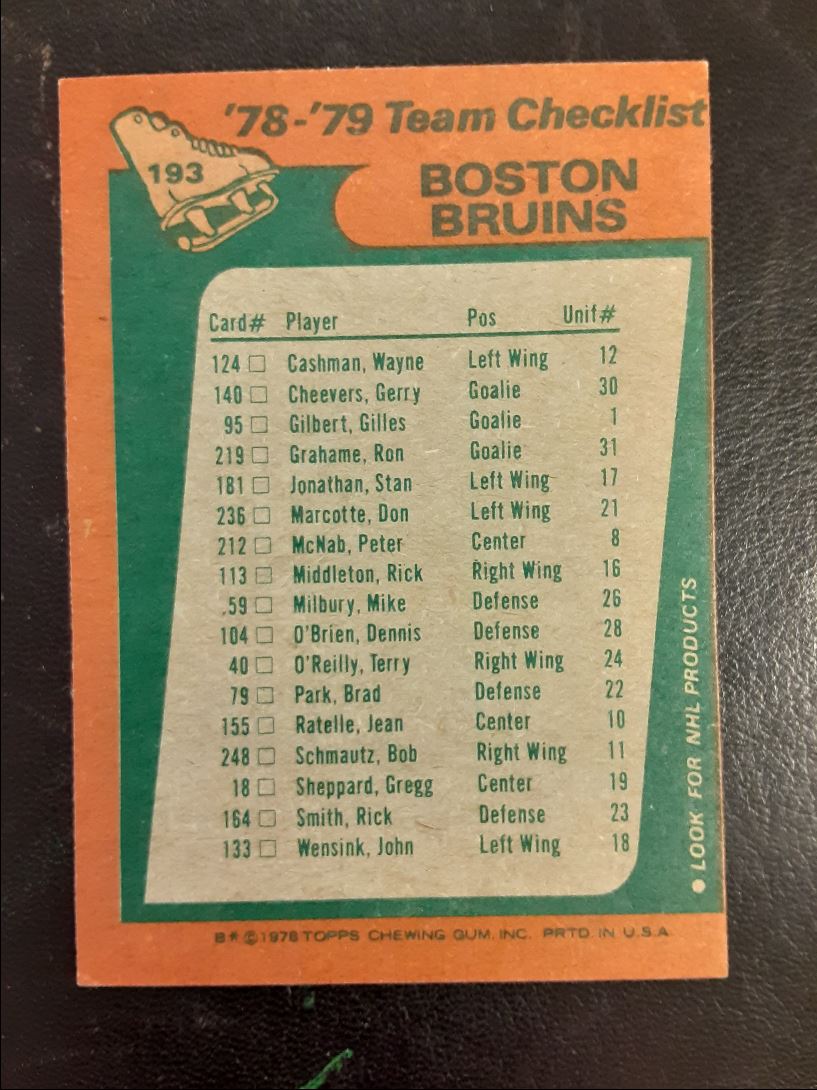 1978 Topps Boston Bruins Team