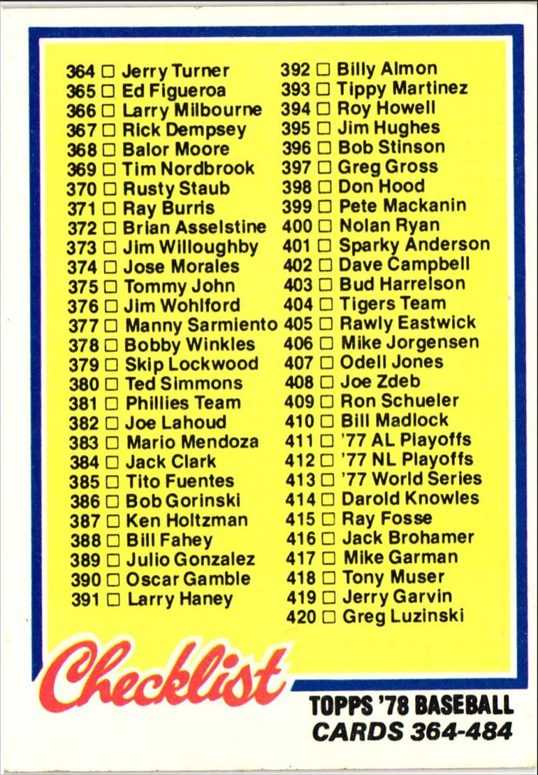 1978 Topps Checklist 606-726