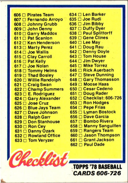 1978 Topps Checklist 606-726