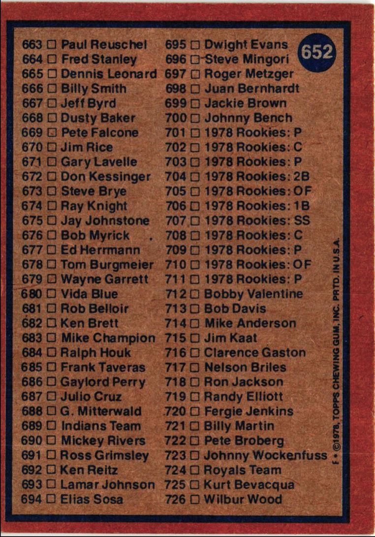 1978 Topps Checklist 606-726