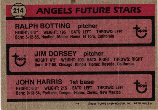 1981 Topps Angels Future Stars - Ralph Botting/Jim Dorsey/John Harris