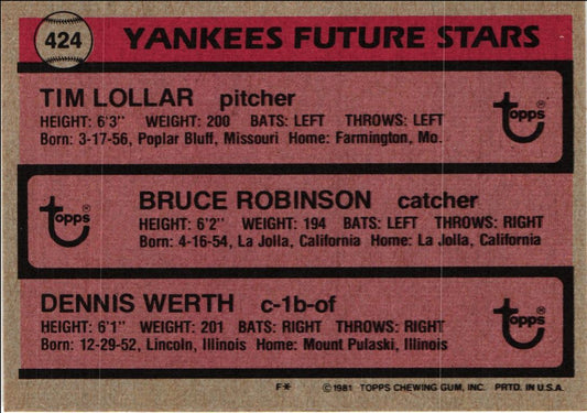 1981 Topps Yankees Future Stars - Tim Lollar/Bruce Robinson/Dennis Werth