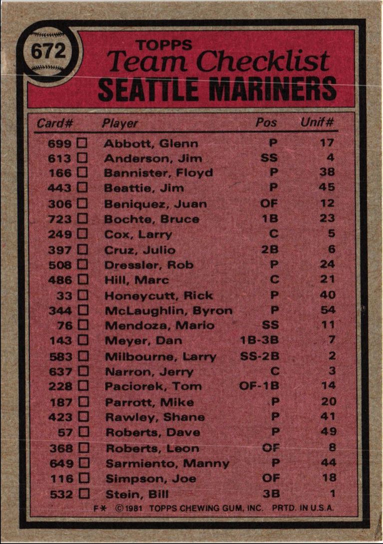 1981 Topps Seattle Mariners - Maury Wills