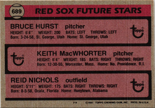 1981 Topps Red Sox Future Stars - Bruce Hurst/Keith MacWhorter/Reid Nichols