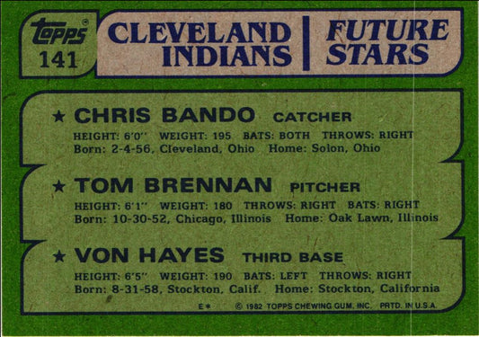 1982 Topps Indians Future Stars - Chris Bando/Tom Brennan/Von Hayes