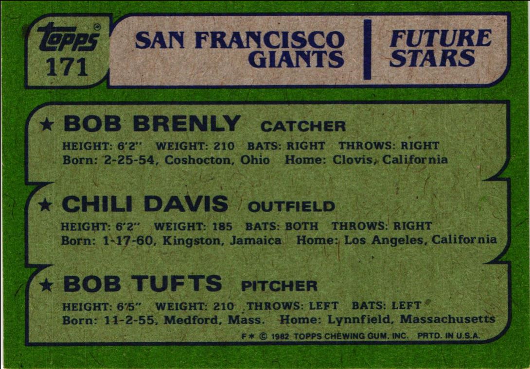 1982 Topps Giants Future Stars - Bob Brenly/Chili Davis/Bob Tufts