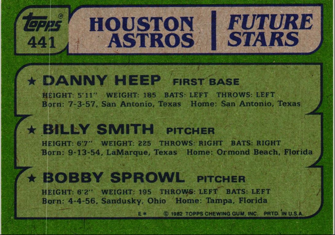 1982 Topps Astros Future Stars - Danny Heep/Billy Smith/Bobby Sprowl