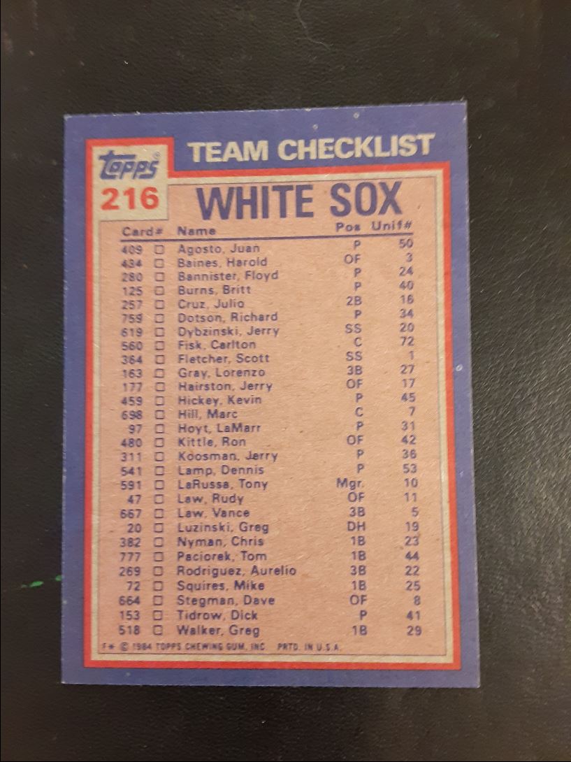 1984 Topps White Sox Batting & Pitching Leaders/Checklist