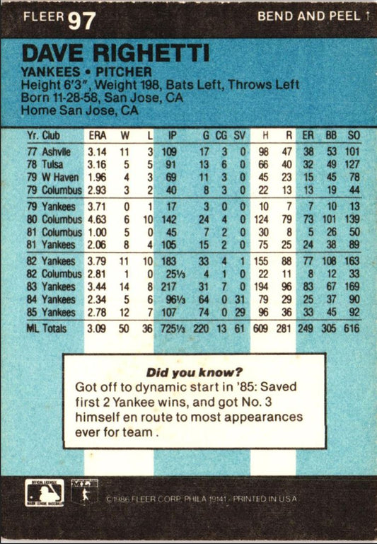 1986 Fleer Star Stickers Dave Righetti