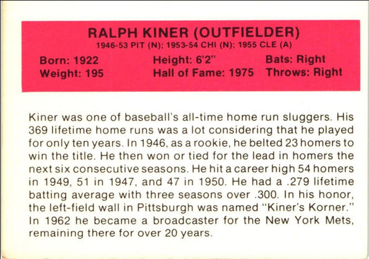 1987 Hygrade All-Time Greats Ralph Kiner