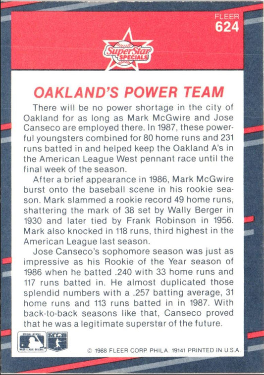 1988 Fleer Mark McGwire/Jose Canseco