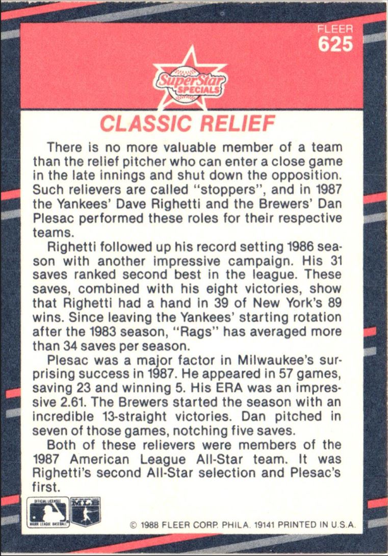 1988 Fleer Classic Relief (Dave Righetti/Dan Plesac)