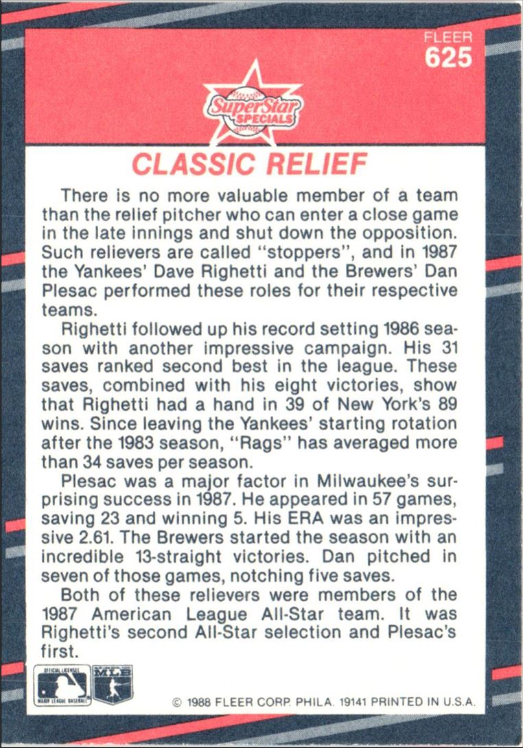 1988 Fleer Classic Relief (Dave Righetti/Dan Plesac)