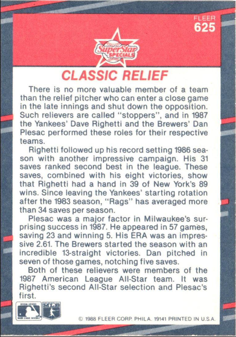 1988 Fleer Classic Relief (Dave Righetti/Dan Plesac)