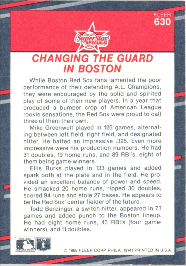 1988 Fleer Changing The Guard In Boston (Mike Greenwell/Ellis Burks/Todd Benzinger)