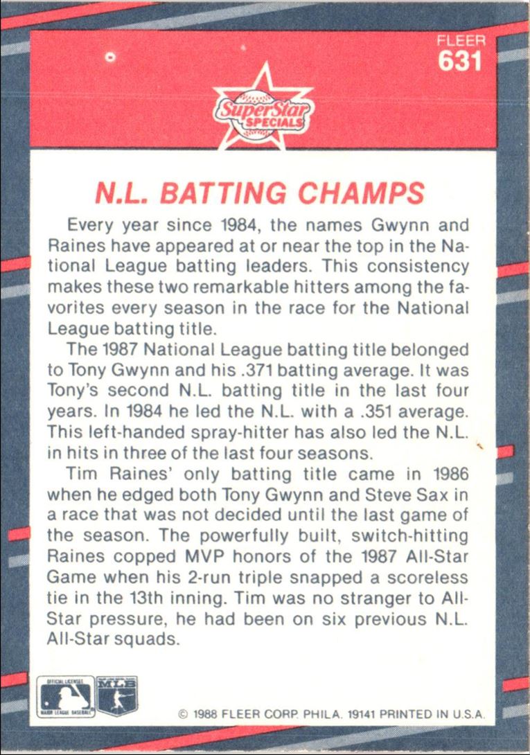 1988 Fleer N.L. Batting Champs (Tony Gwynn/Tim Raines)