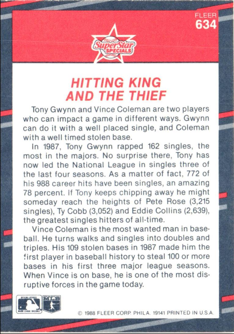 1988 Fleer Tony Gwynn/Vince Coleman