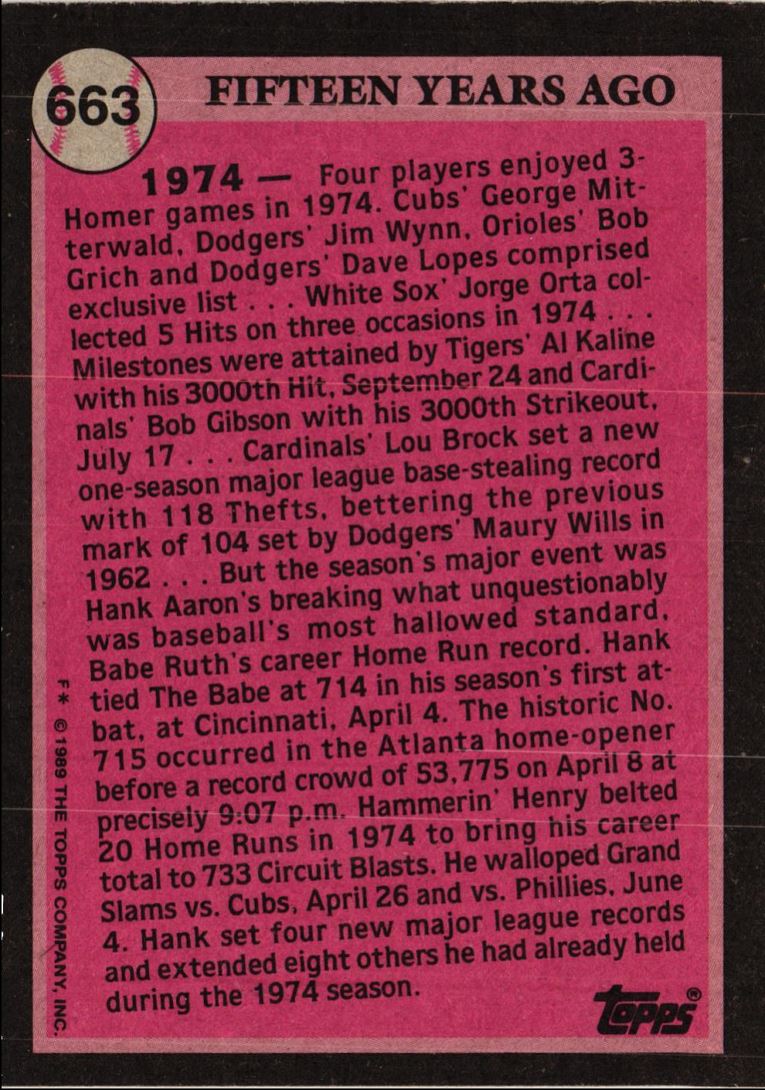 1989 Topps Turn Back the Clock Hank Aaron