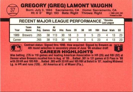 1990 Donruss Greg Vaughn