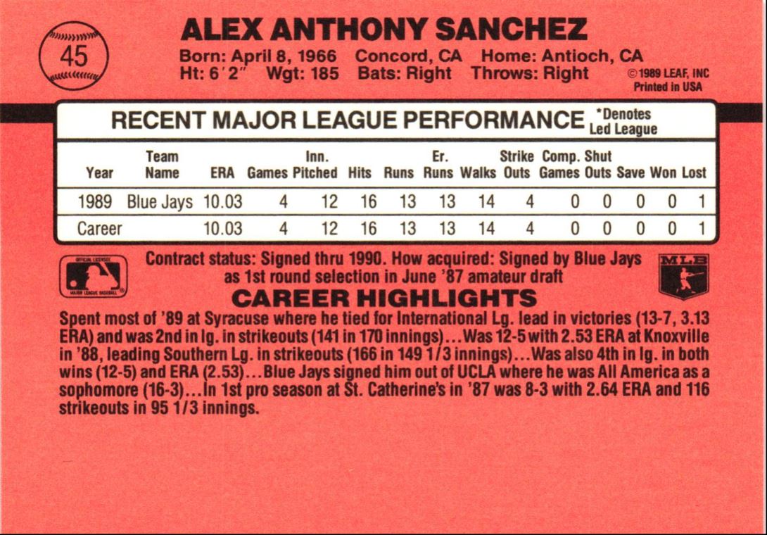 1990 Donruss Alex Sanchez