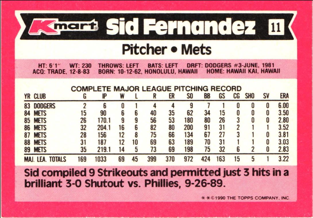 1990 Topps Kmart Super Stars Sid Fernandez