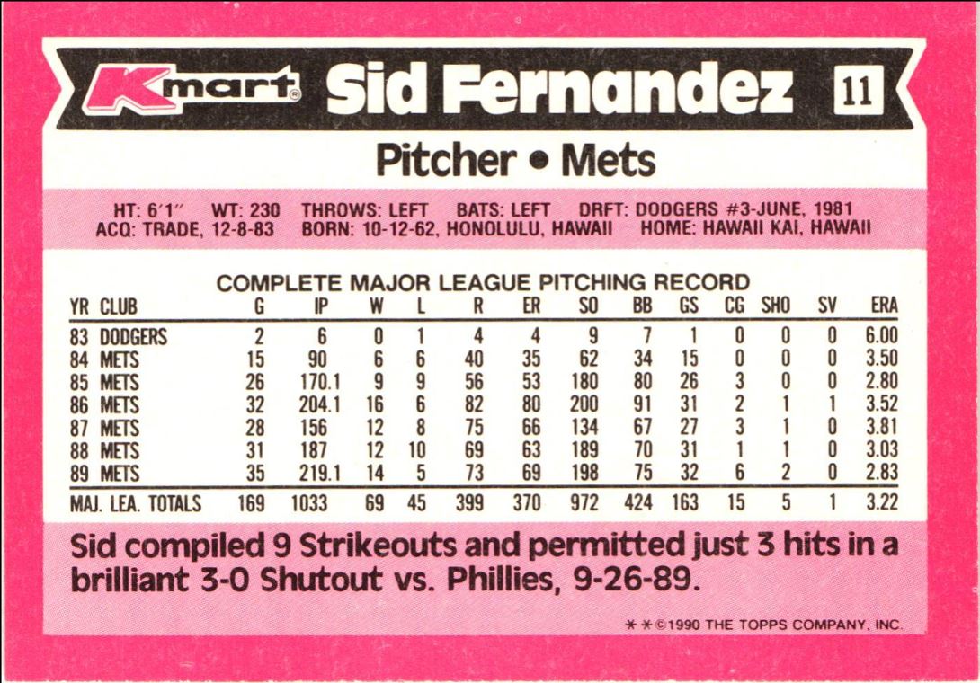 1990 Topps Kmart Super Stars Sid Fernandez