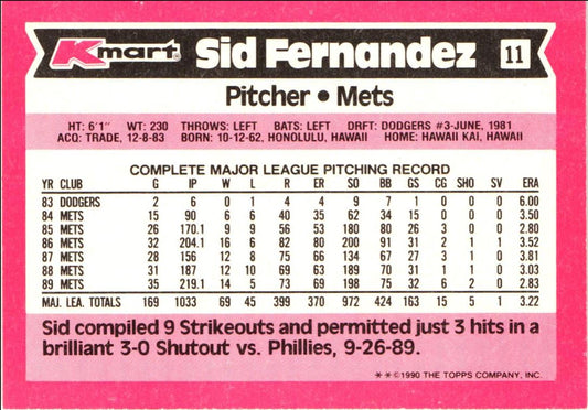 1990 Topps Kmart Super Stars Sid Fernandez