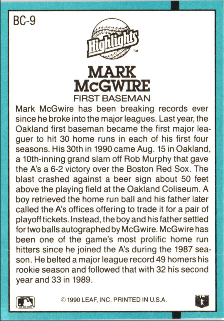 1991 Donruss Bonus Cards Mark McGwire