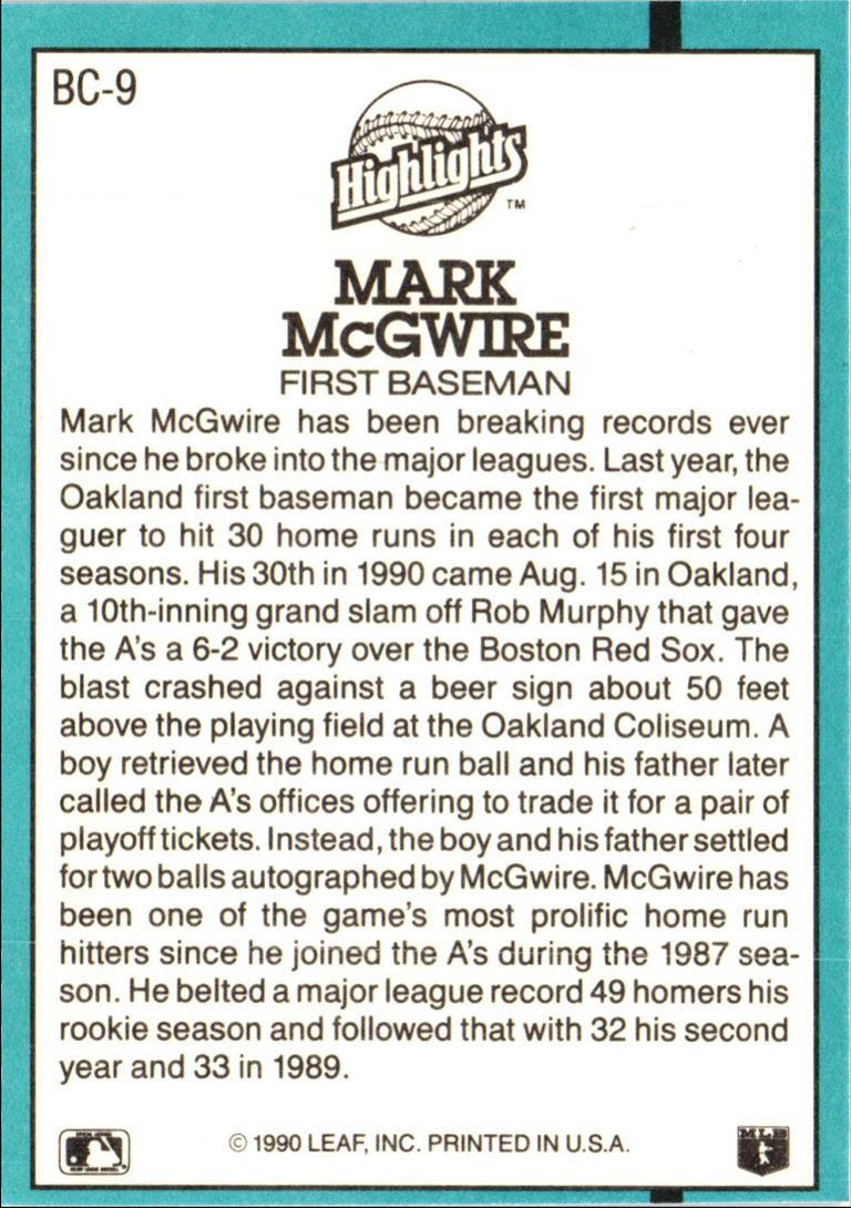 1991 Donruss Bonus Cards Mark McGwire