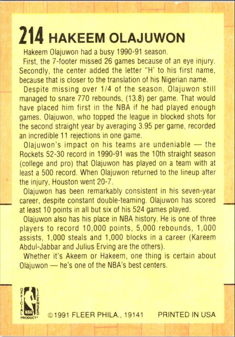 1991 Fleer Hakeem Olajuwon