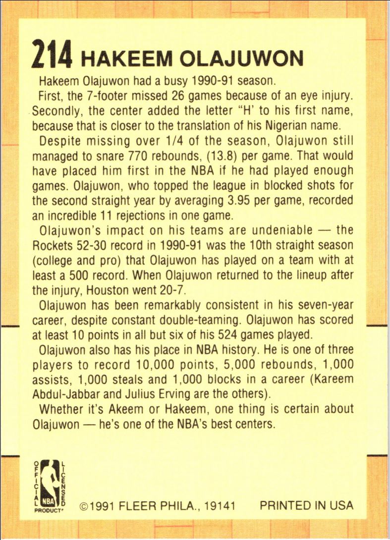 1991 Fleer Hakeem Olajuwon