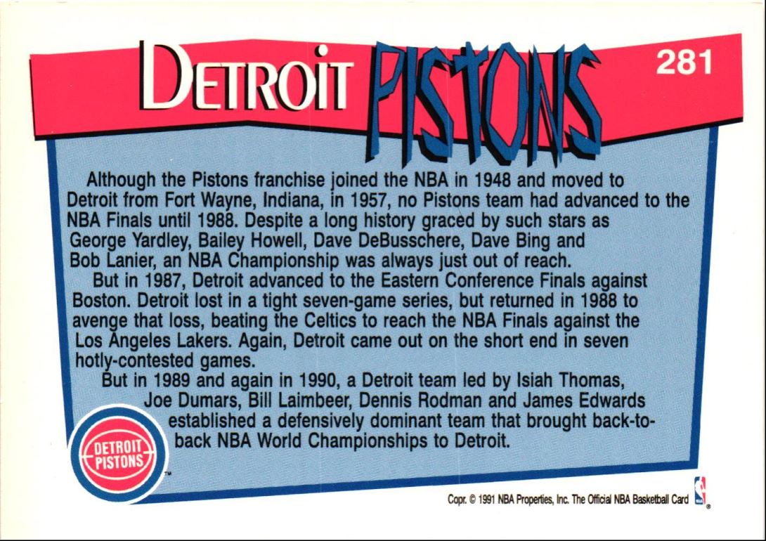 1991 Hoops Detroit Pistons