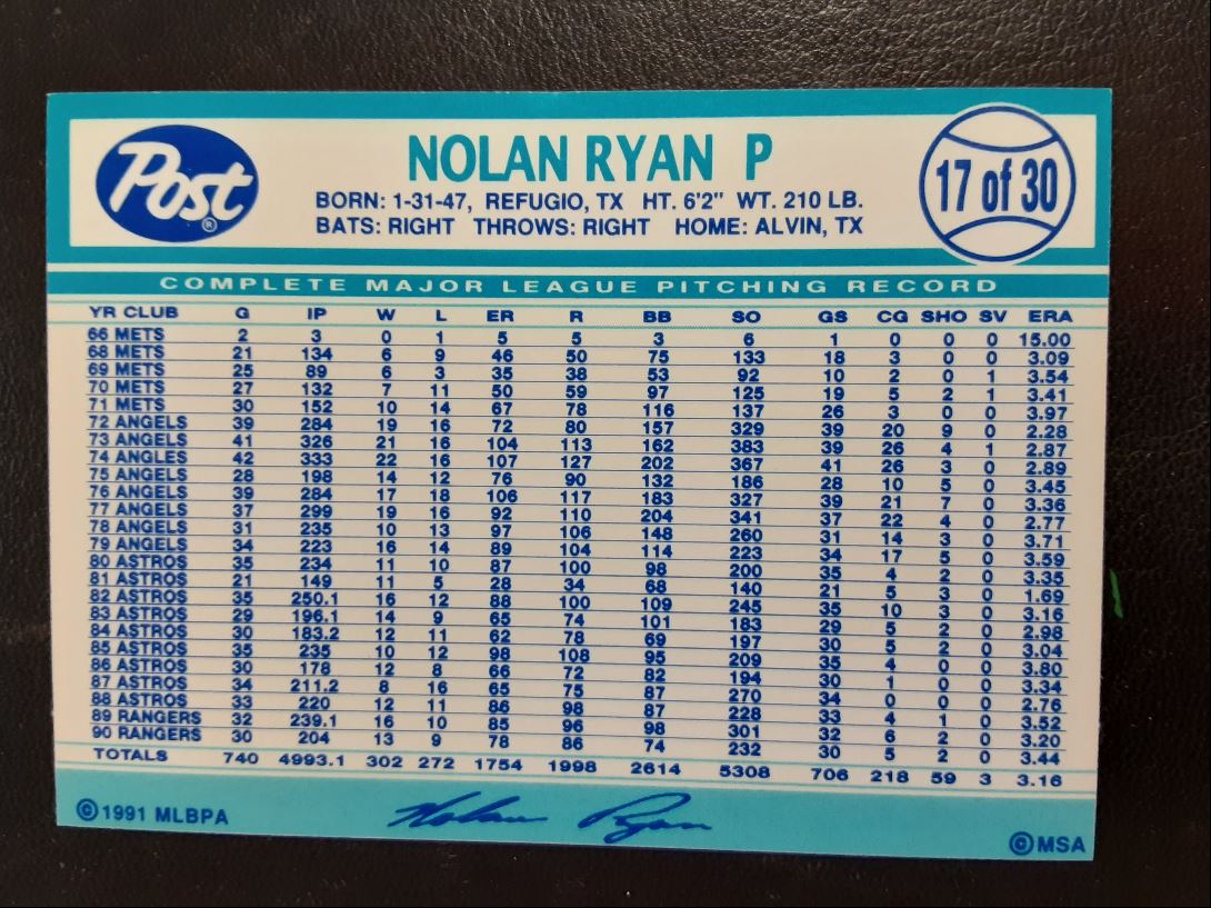 1991 Post Cereal Nolan Ryan