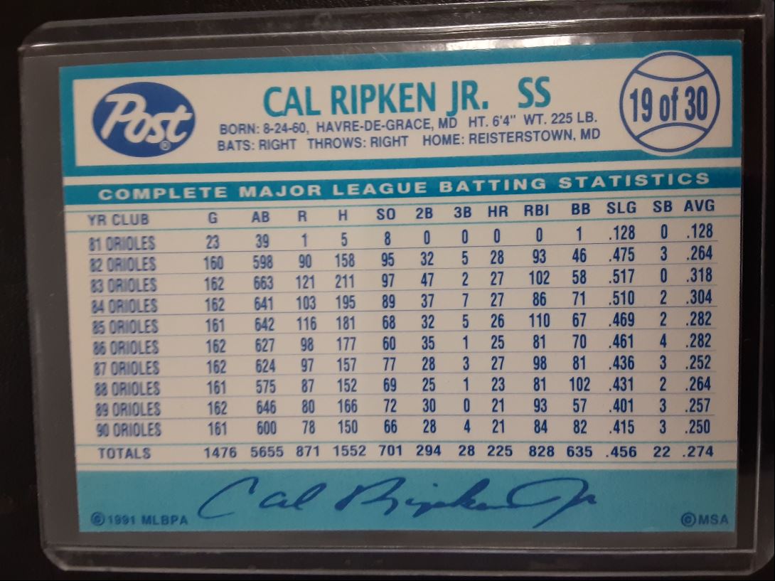 1991 Post Cereal Cal Ripken Jr.