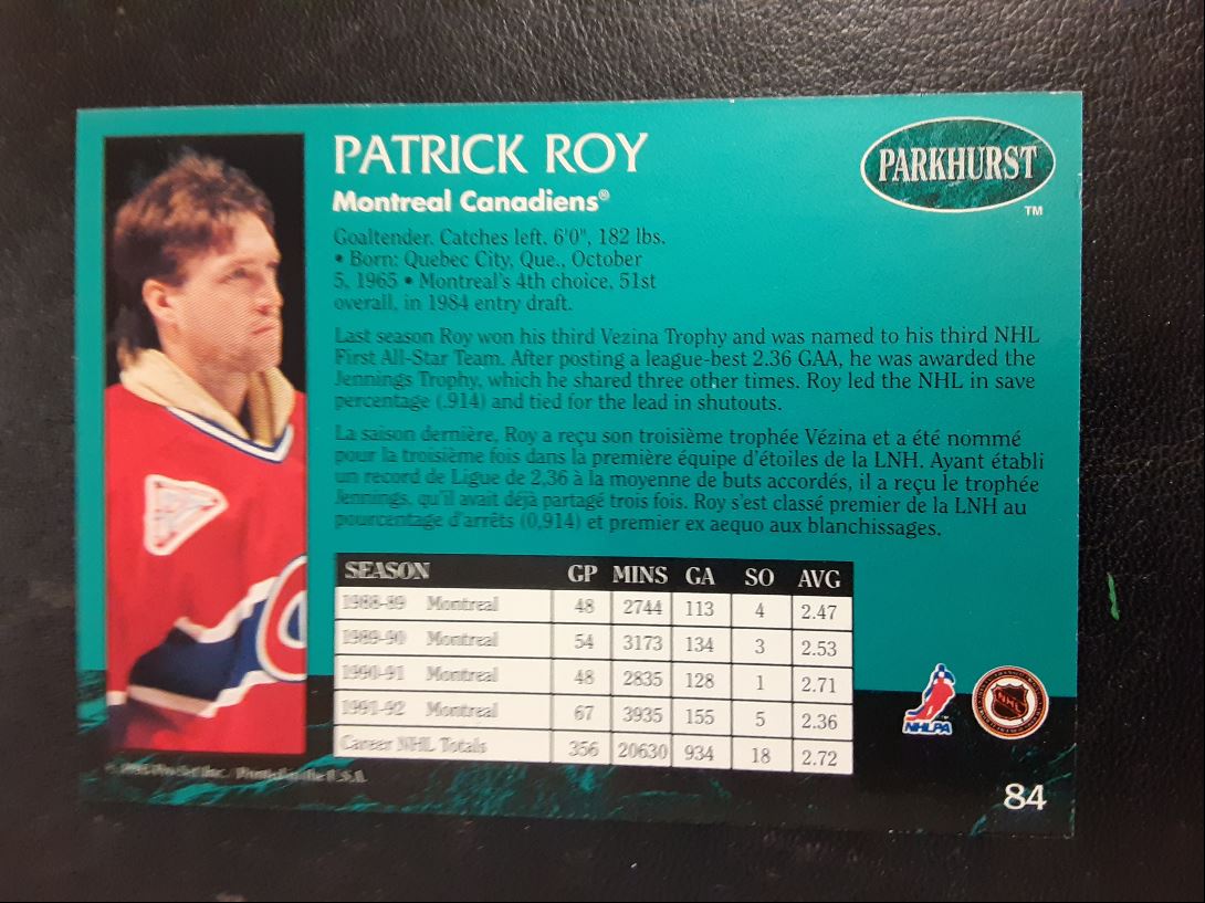 1992 Parkhurst Patrick Roy