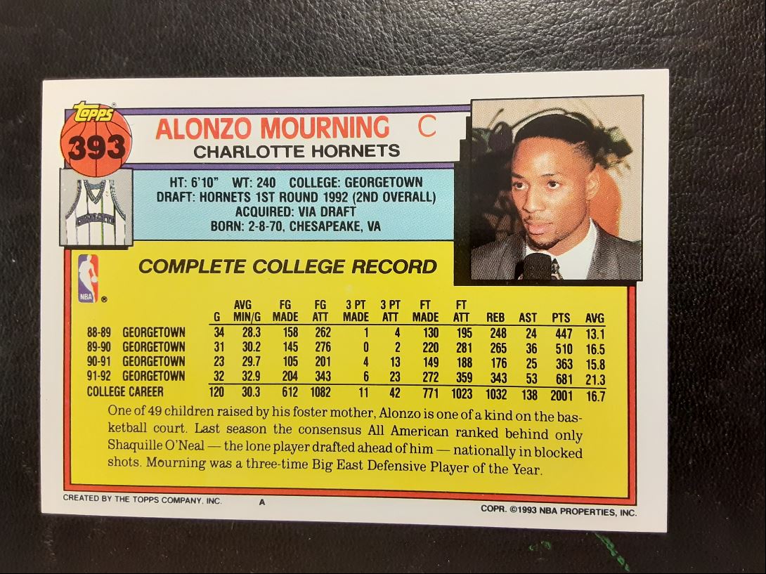 1992 Topps Alonzo Mourning