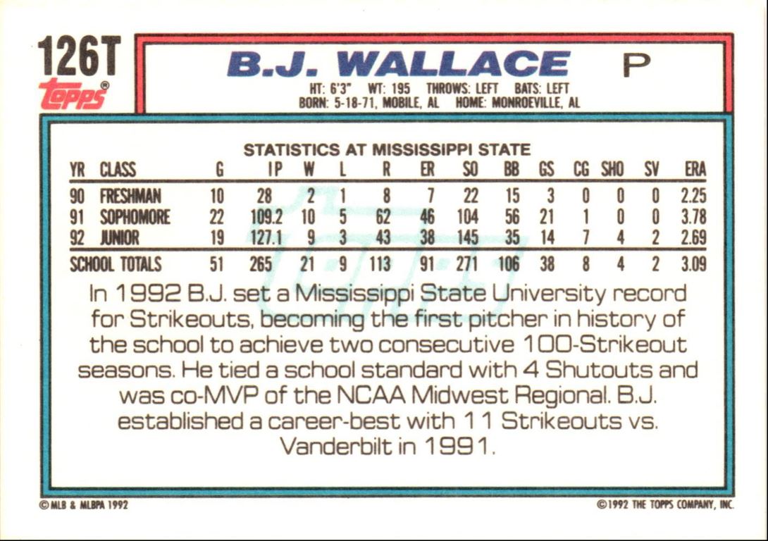 1992 Topps Traded B.J. Wallace