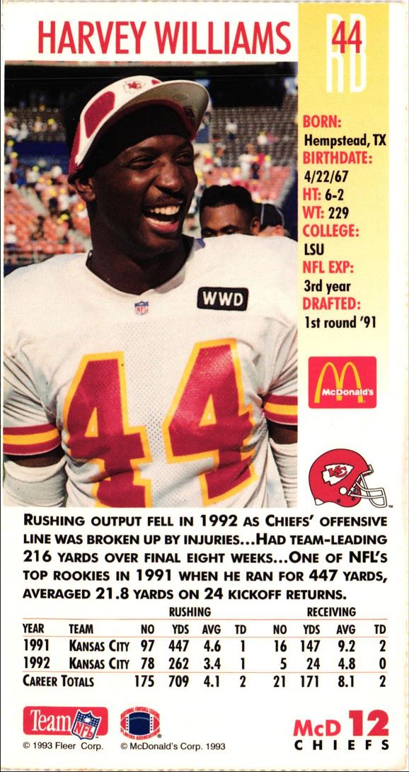 1993 McDonald's GameDay Kansas City Chiefs Harvey Williams