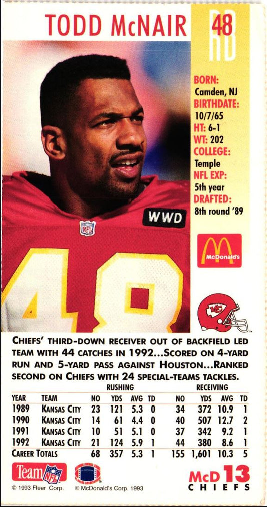 1993 McDonald's GameDay Kansas City Chiefs Todd McNair