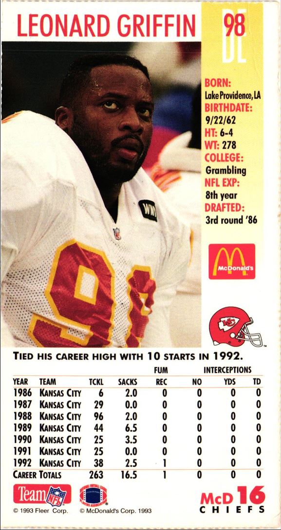 1993 McDonald's GameDay Kansas City Chiefs Leonard Griffin